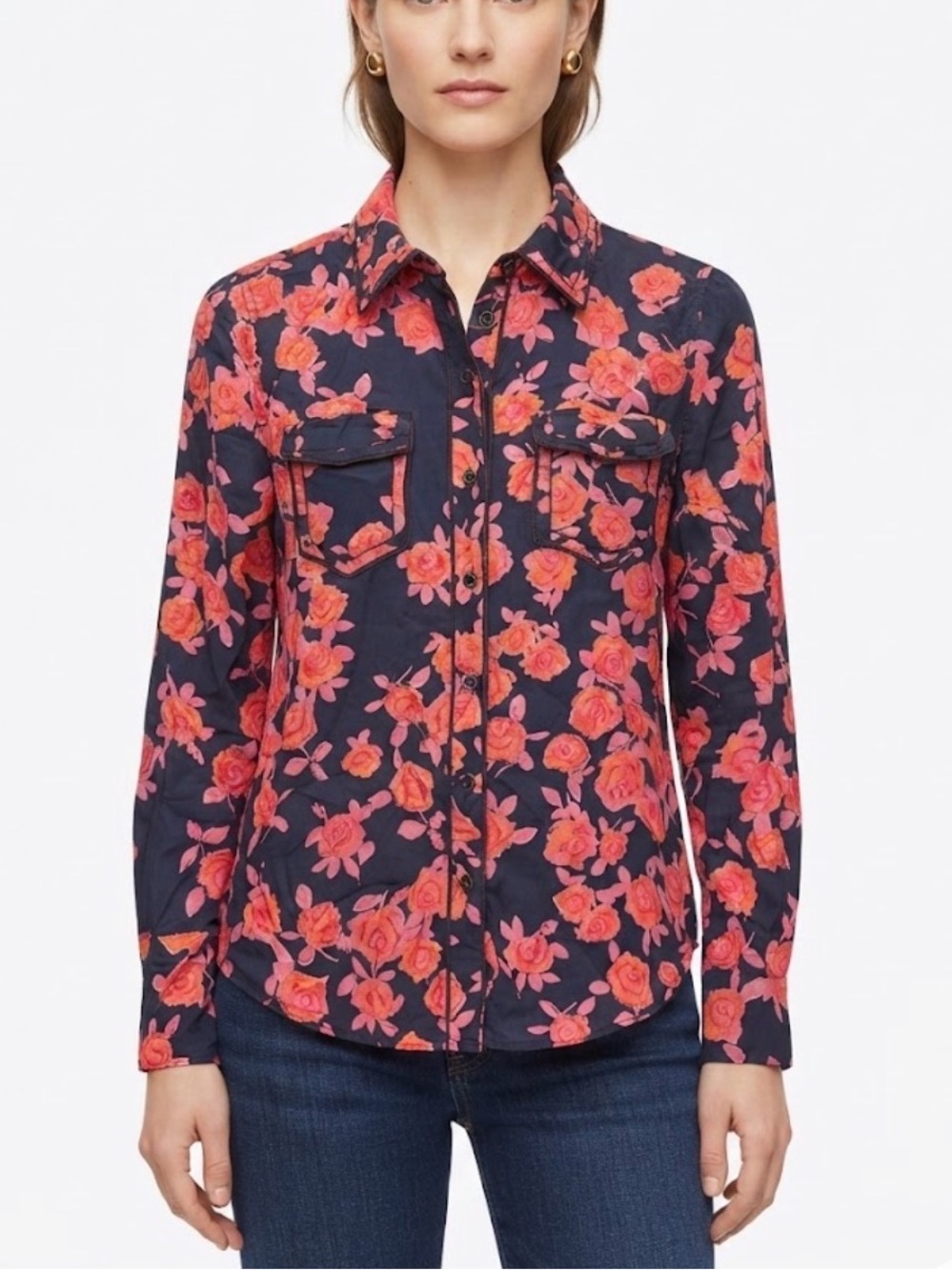 Tory Burch 100% Silk Navy Pink Rose Floral Button-Down Shirt Blouse Size 6